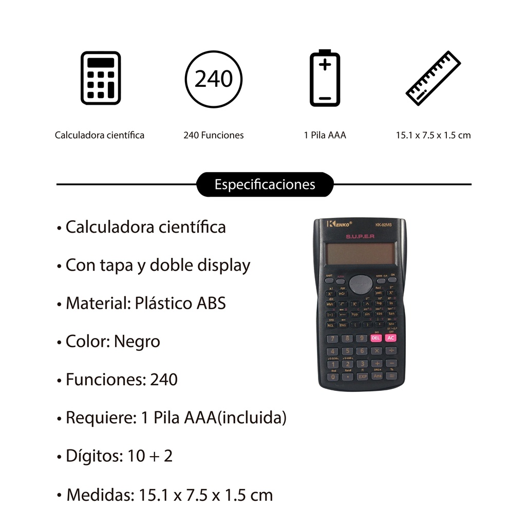 Calculadora científica, 10+2 dígitos, 240 funciones, doble display, con tapa, en caja