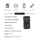 Calculadora científica, 10+2 dígitos, 240 funciones, doble display, con tapa, en caja