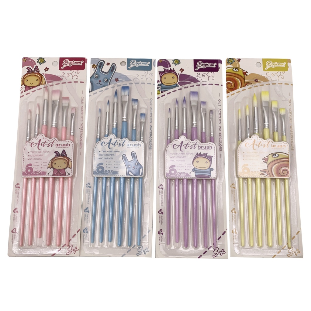 Pincel de plástico y nylon x6, en bolsa, varios colores