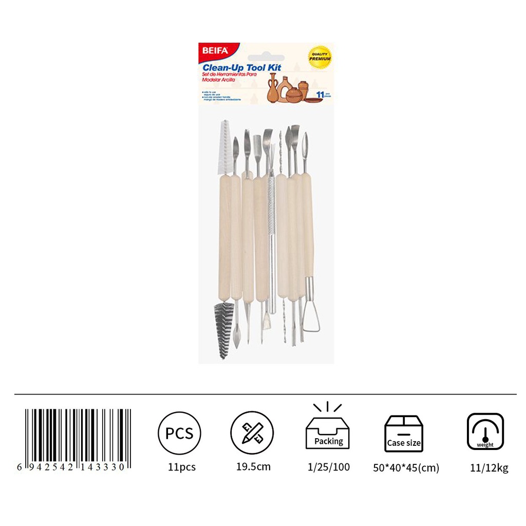 Estecas para modelar arcilla x11, de metal con mango de madera, en bolsa, BEIFA