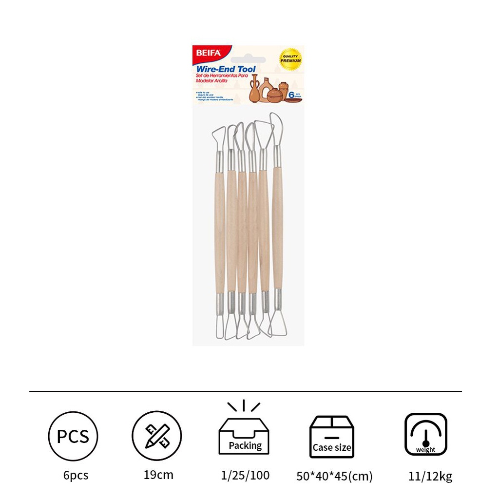 Estecas para modelar arcilla x6, de metal con mango de madera, en bolsa, BEIFA