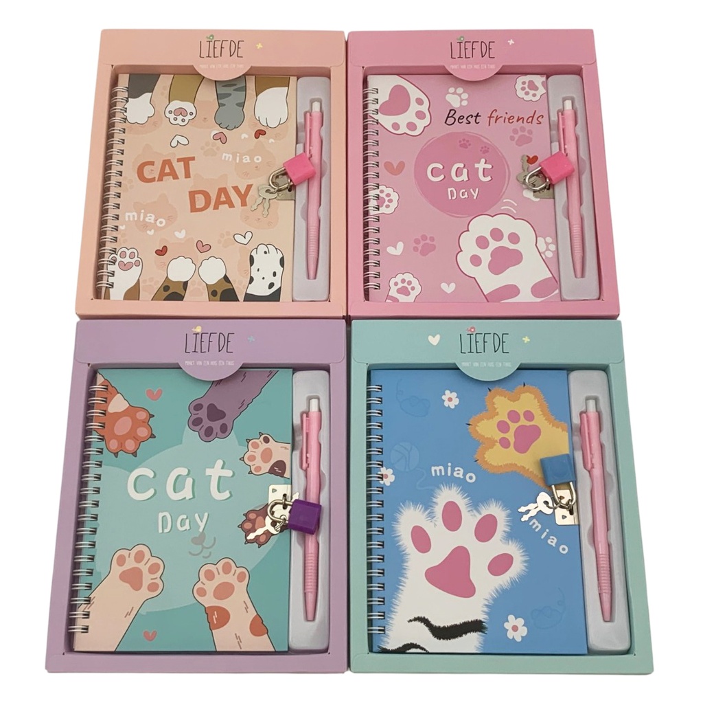 Diario íntimo con llave y lapicera, varios diseños, huellas, en caja