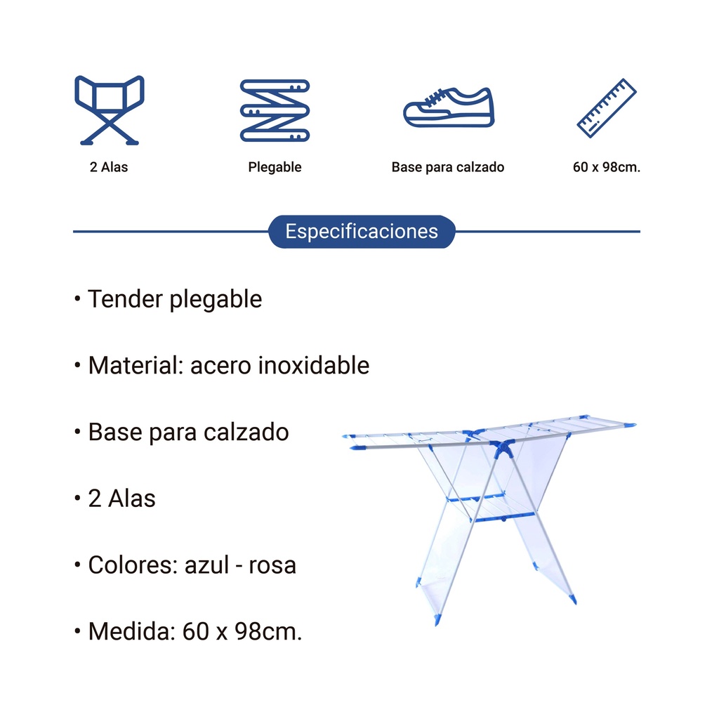 Tendedero de ropa de pie, de metal forrado, plegable, con alas