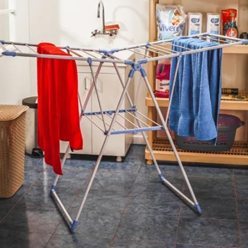 Tendedero de ropa de pie, de metal forrado, plegable, con alas