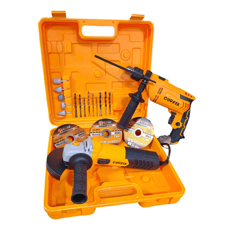 Taladro con percutor con amoladora y accesorios,en caja, COOFIX