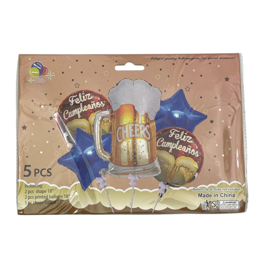 Globo metalizado x5, feliz cumpleaños, en bolsa