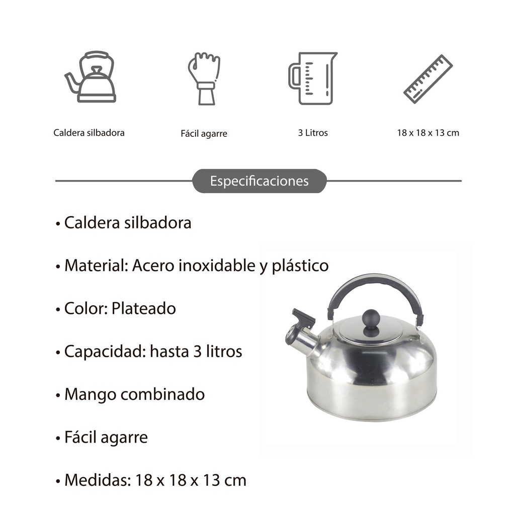 Caldera de acero inoxidable plateada, mango combinado, 2L, en caja