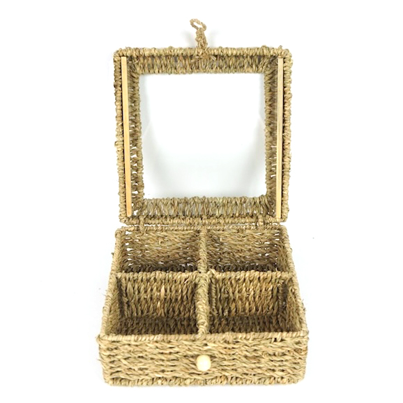 Caja para té de fibras naturales visor de vidrio, junco de agua