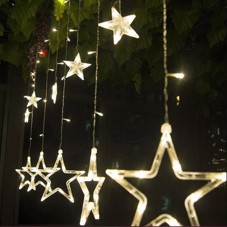 Luces led x138 220V, cortina con 12 estrellas luces blancas, con 8 funciones, en caja