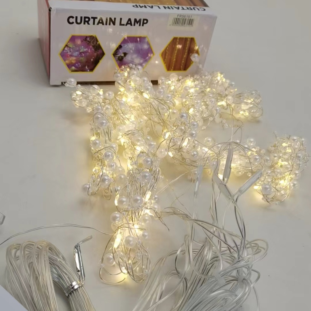Luces led x160 cálidas cortina con perlitas 3x2 metros, en caja