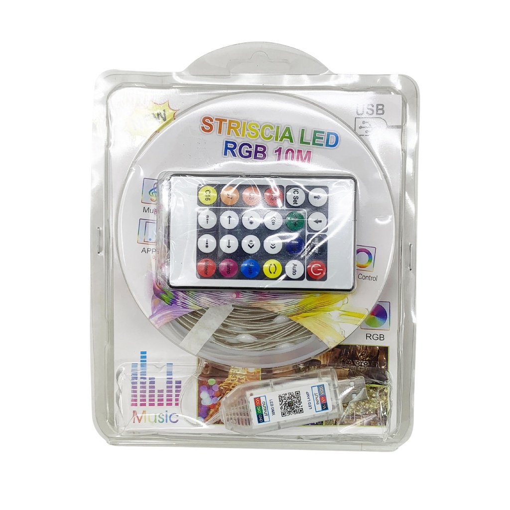 Cinta tira de luces RGB led, 10m, con bluetooth USB, en caja