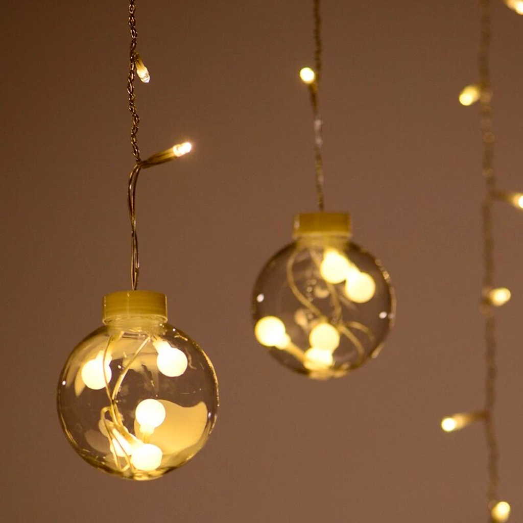 Luces x12 bolas grandes cálidas, 220v cortina extensible 3m, en bolsa