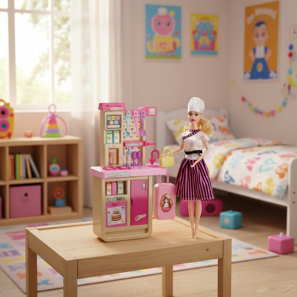 Muñeca articulada, con accesorios de cocina, en caja