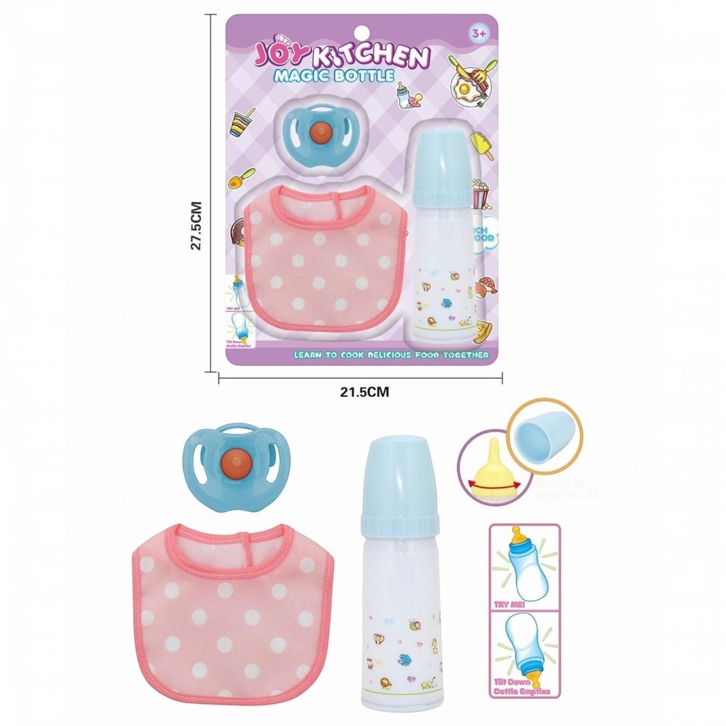 Mamadera mágica con chupete y babero, en blister