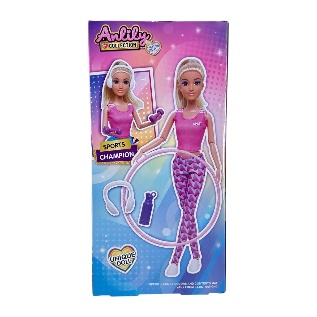 Muñeca articulada con accesorios de gimnasia, en caja, varios colores
