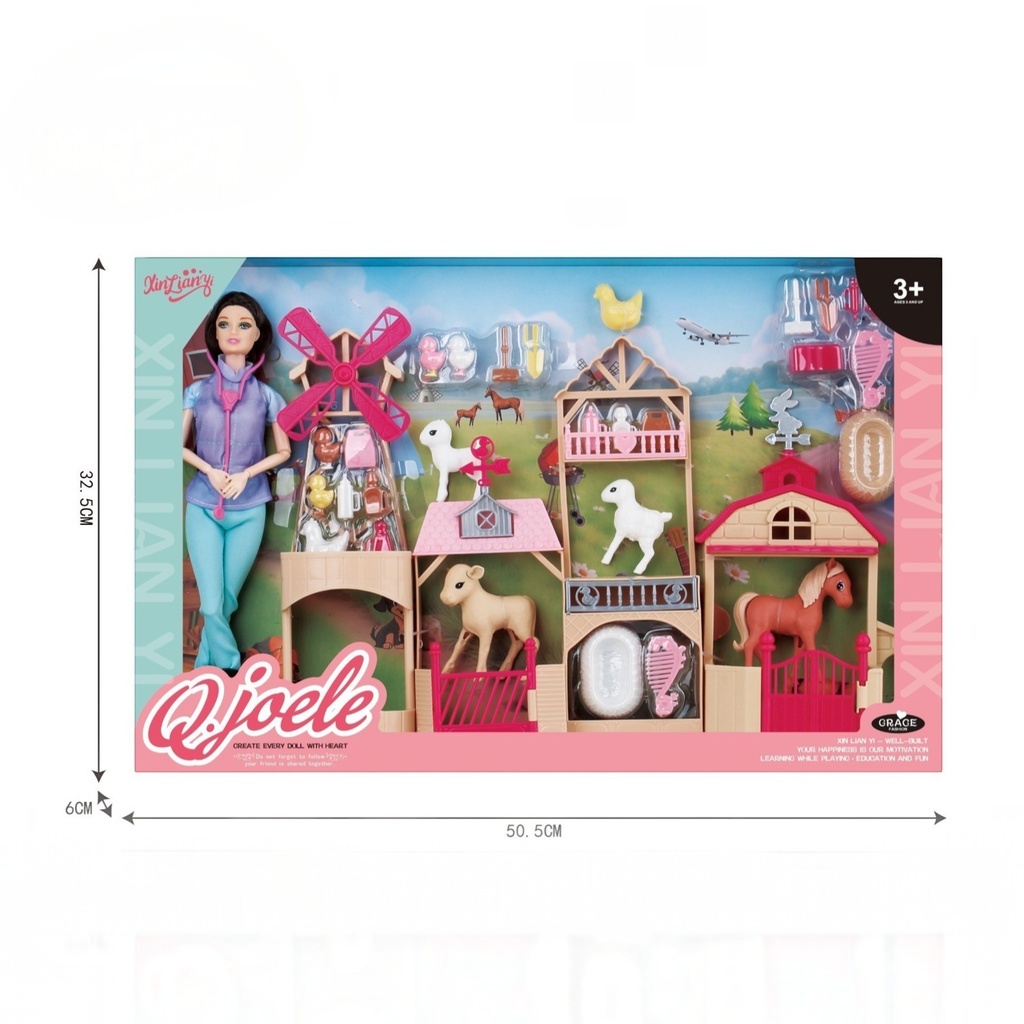Muñeca con accesorios de granja, en caja