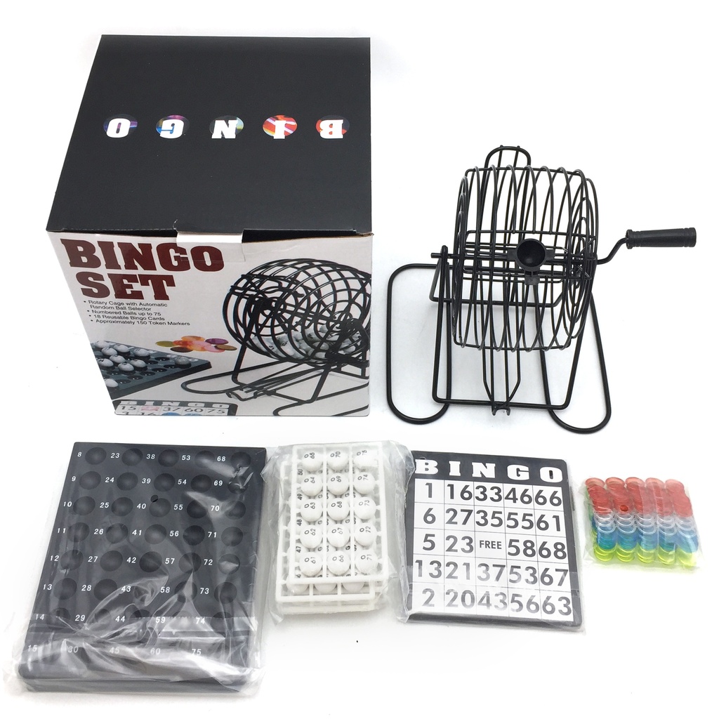 Juego de mesa, bingo, bolillero de metal, con cartones y marcadores, en caja