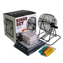 Juego de mesa, bingo, bolillero de metal, con cartones y marcadores, en caja