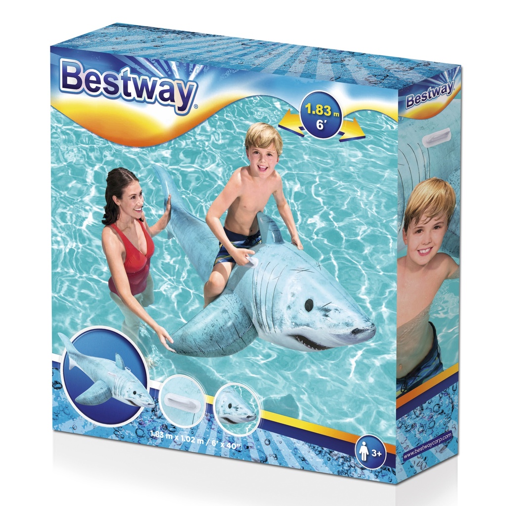 Inflable flotador, tiburón con agarres, Bestway en caja