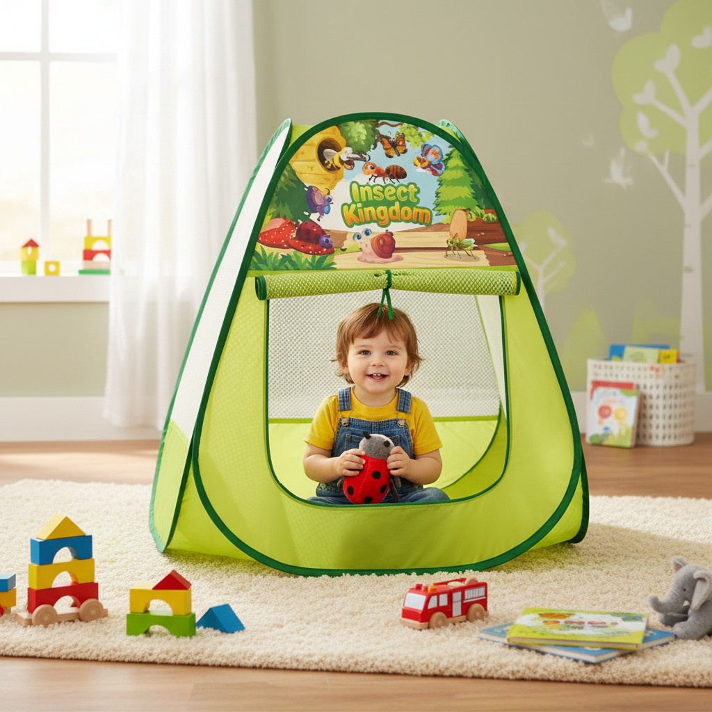 Casita carpa para niños, autoarmable, diseño insectos, de PVC, en caja