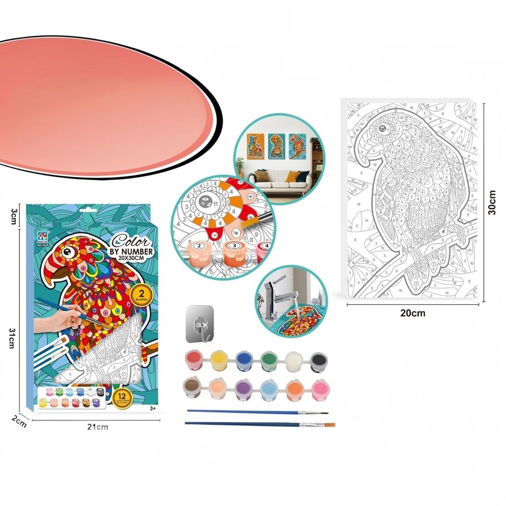 Cuadro para colorear por números, con acuarelas, 2 pinceles, diseño loro en caja