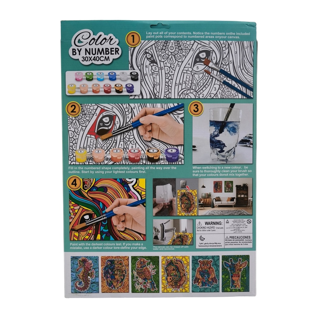 Cuadro para colorear por números, con acuarelas, 2 pinceles, diseño caballo en caja