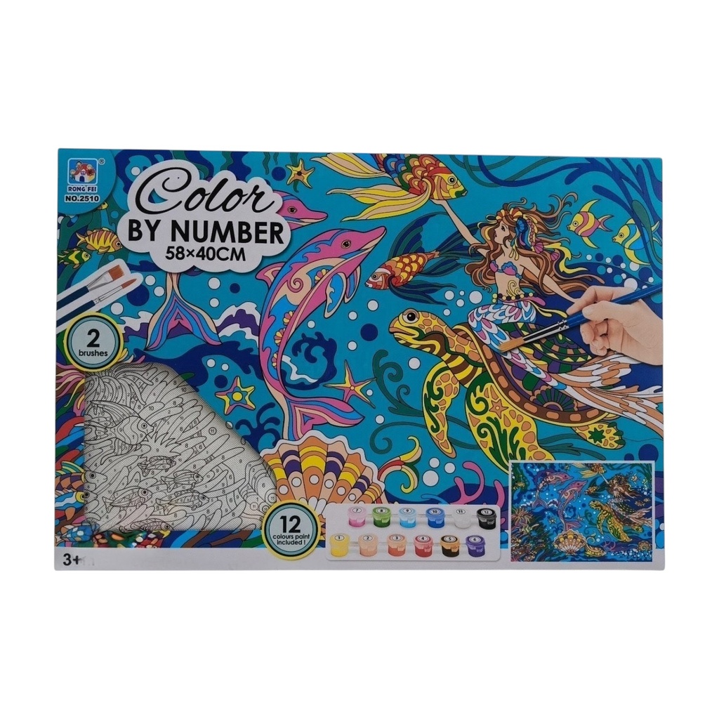 Cuadro para colorear por números, con acuarelas y pinceles, diseño fondo del mar, en caja