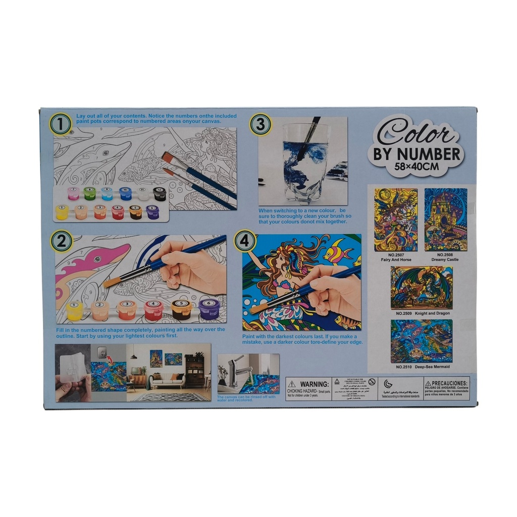 Cuadro para colorear por números, con acuarelas y pinceles, diseño fondo del mar, en caja