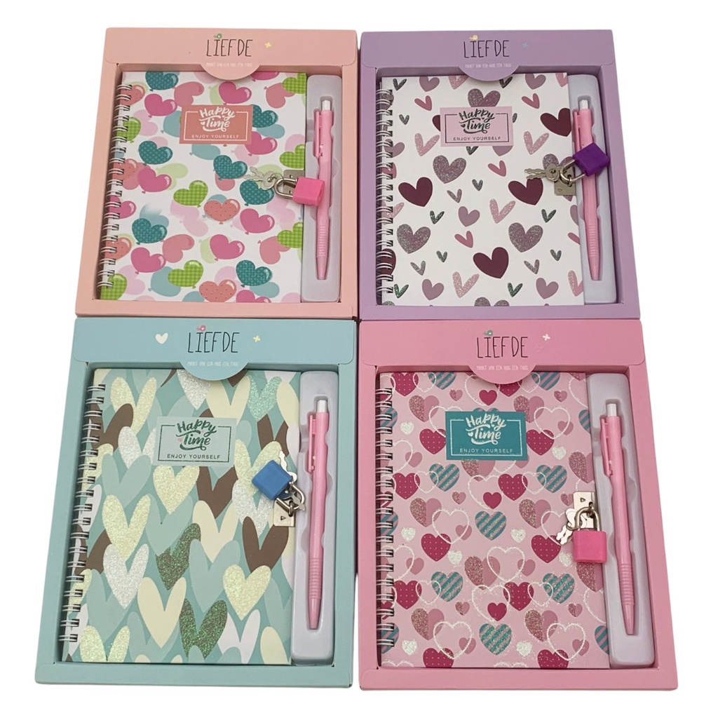 Diario íntimo con llave y lapicera, varios diseños, corazones, en caja