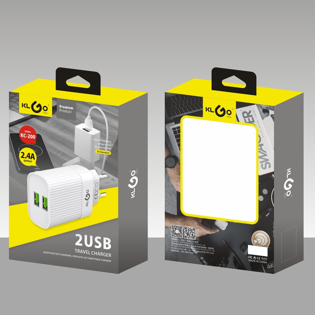 Cargador con 2 entradas USB carga rápida, 2 colores, KLGO en caja