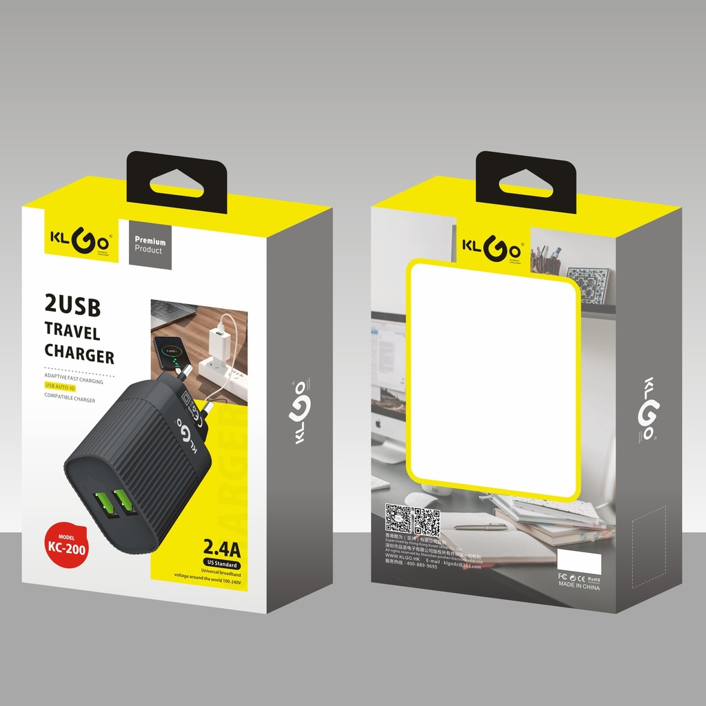 Cargador con 2 entradas USB carga rápida, 2 colores, KLGO en caja