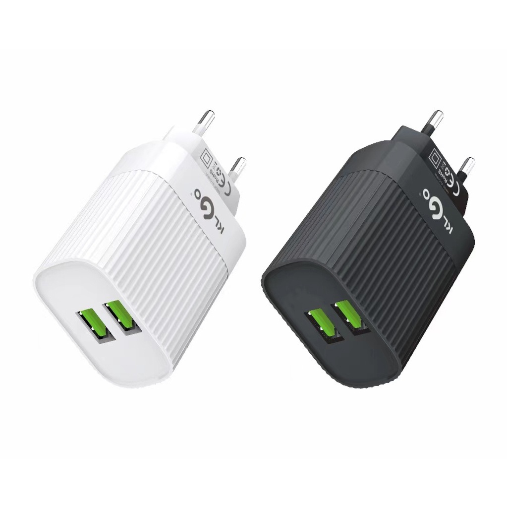 Cargador con 2 entradas USB carga rápida, 2 colores, KLGO en caja