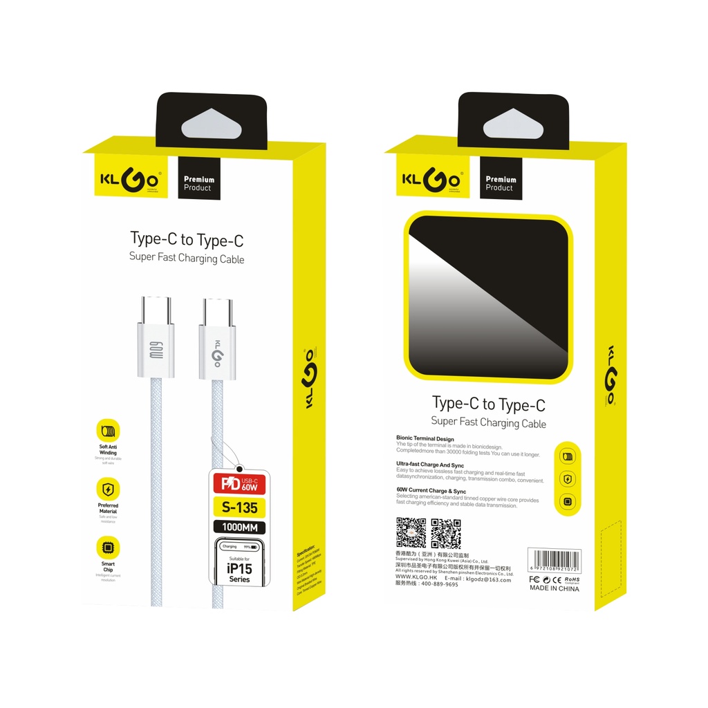 Cable USB entrada y salida tipo C, varios colores, KLGO en caja