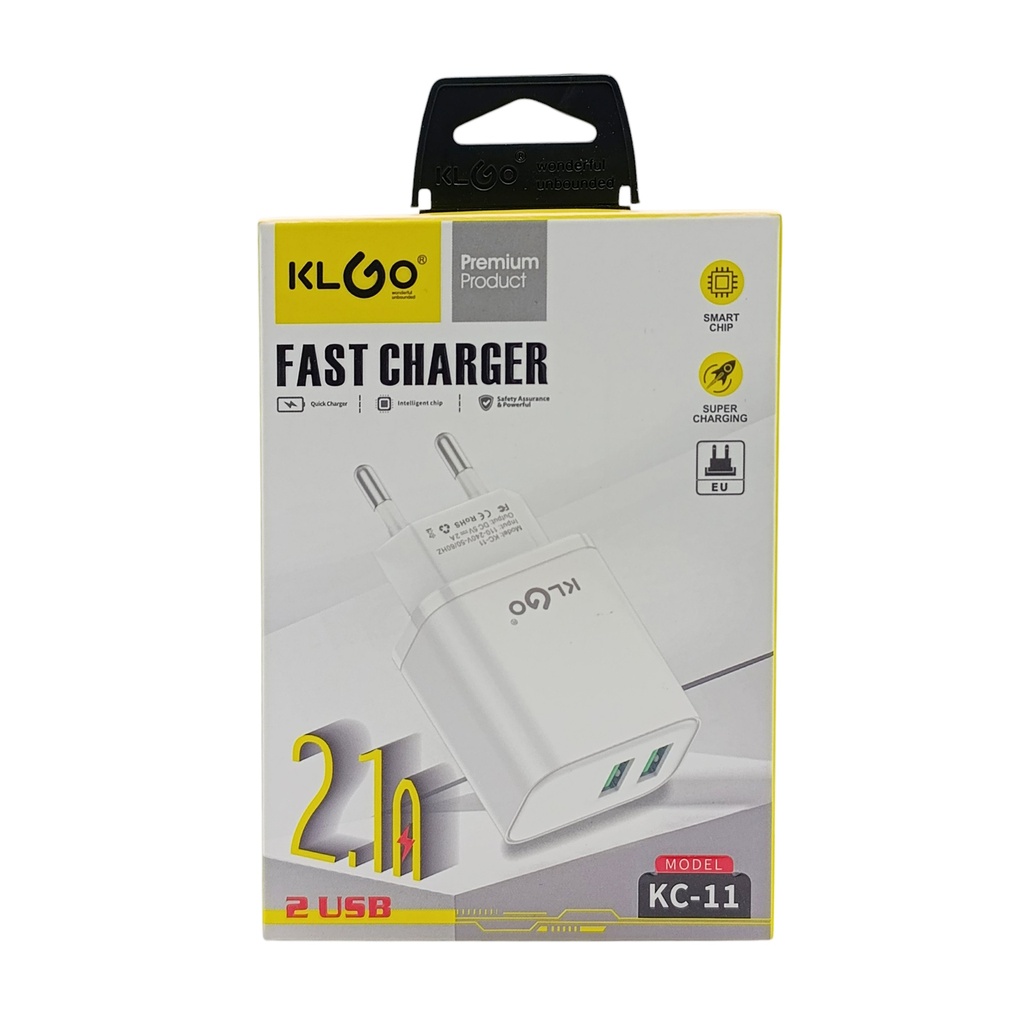 Cargador con 2 entradas USB carga rápida, varios colores, KLGO en caja