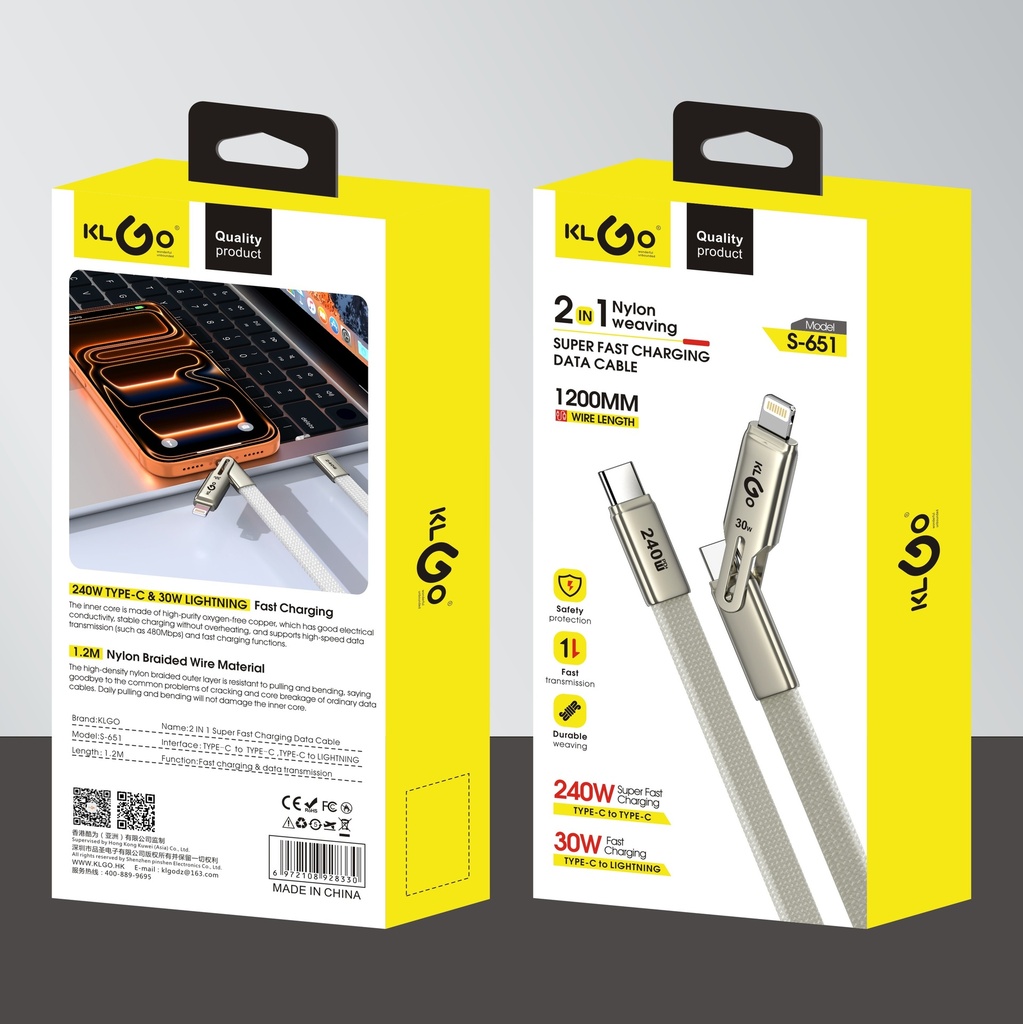 Cable USB 2en1 lightning y tipo C KLGO, en caja