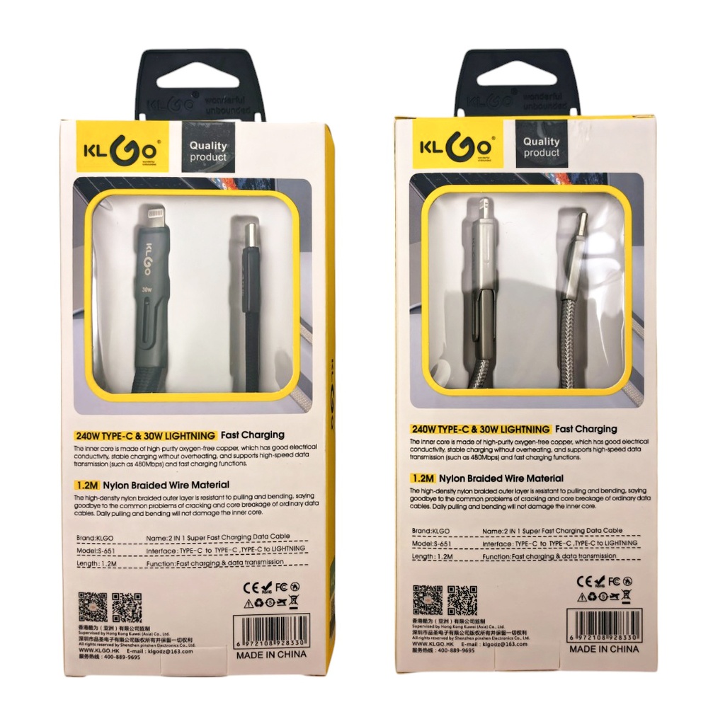 Cable USB 2en1 lightning y tipo C KLGO, en caja