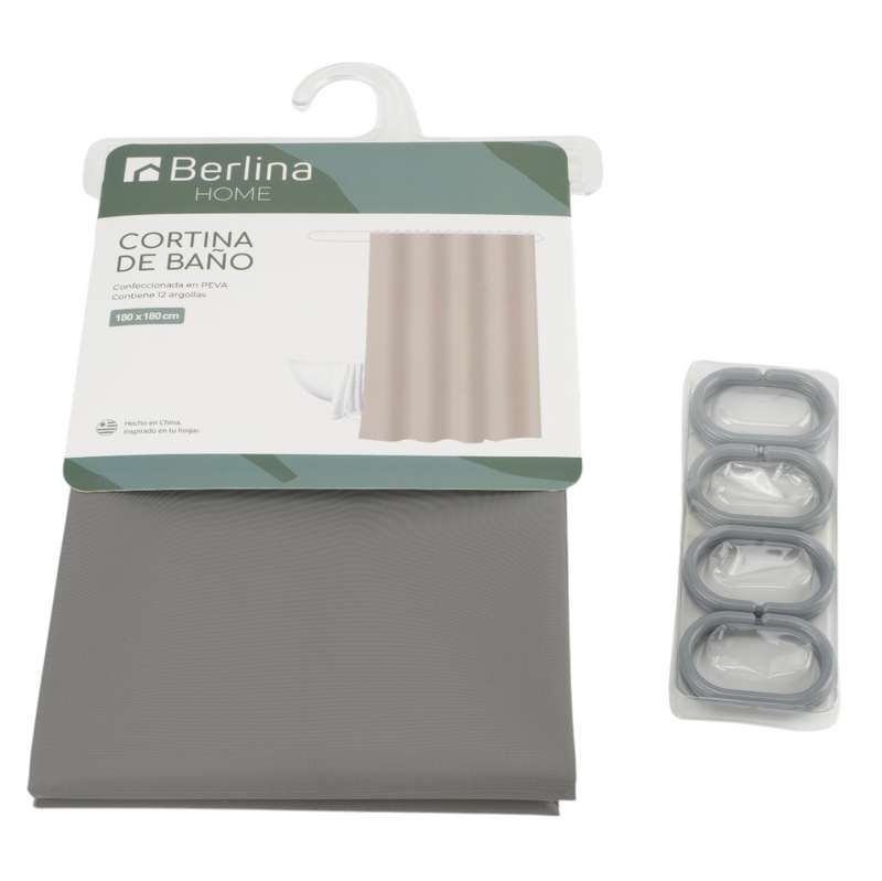 [G3261A] Cortina de baño con 12 aros de plástico, de PEVA, Gris, Berlina home, en bolsa