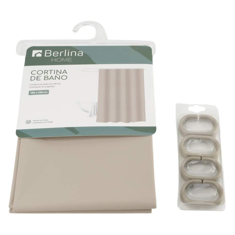 Cortina de baño con 12 aros de plástico, de PEVA, BEIGE, Berlina home, en bolsa