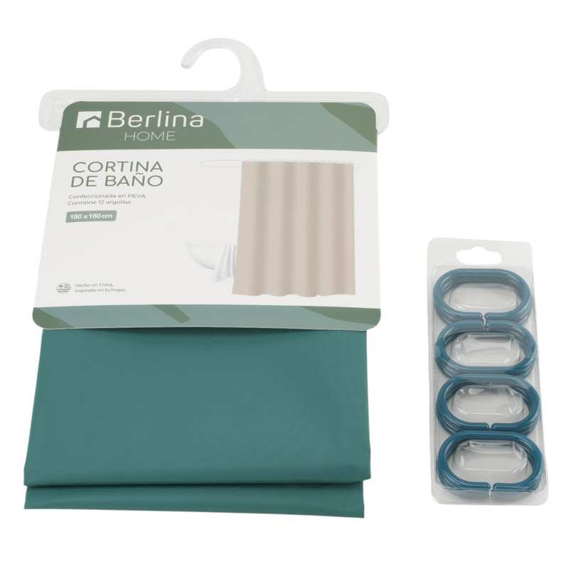 Cortina de baño con 12 aros de plástico, de PEVA, VERDE OSCURO, Berlina home, en bolsa