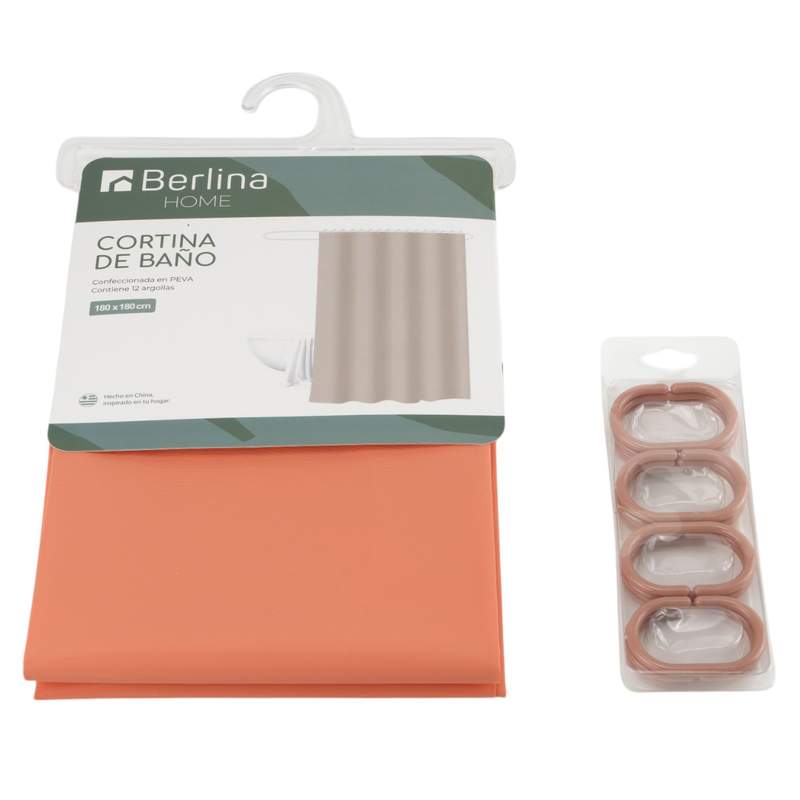 [G3261D] Cortina de baño con 12 aros de plástico, de PEVA, SALMÓN, Berlina home, en bolsa