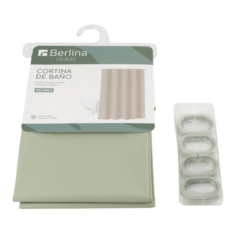 [G3261E] Cortina de baño con 12 aros de plástico, de PEVA, VERDE CLARO, Berlina home, en bolsa