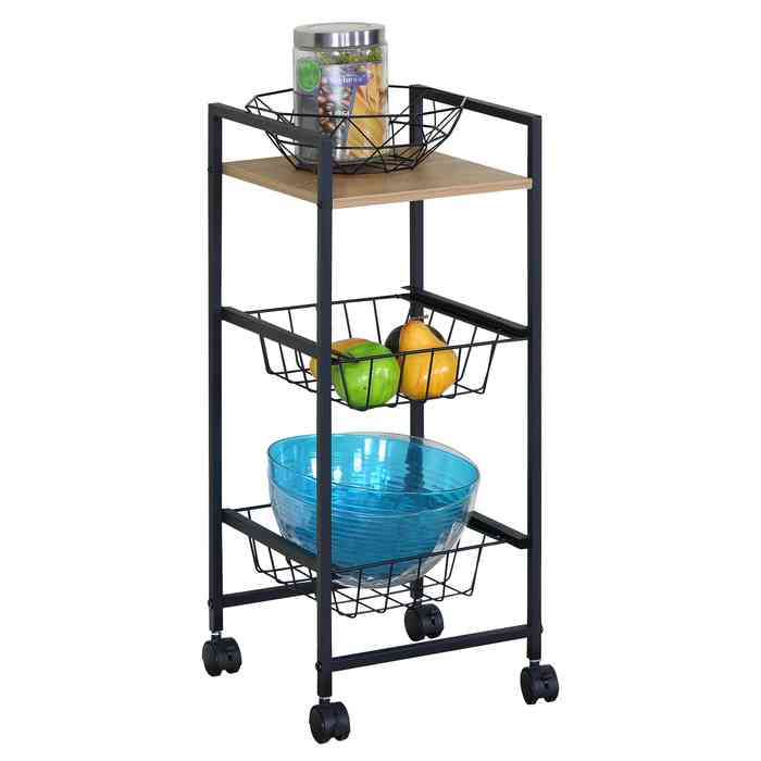 [G3617] Mueble organizador de hierro y MDF, con ruedas 2 canastos 1 estante, en caja, Berlina Home