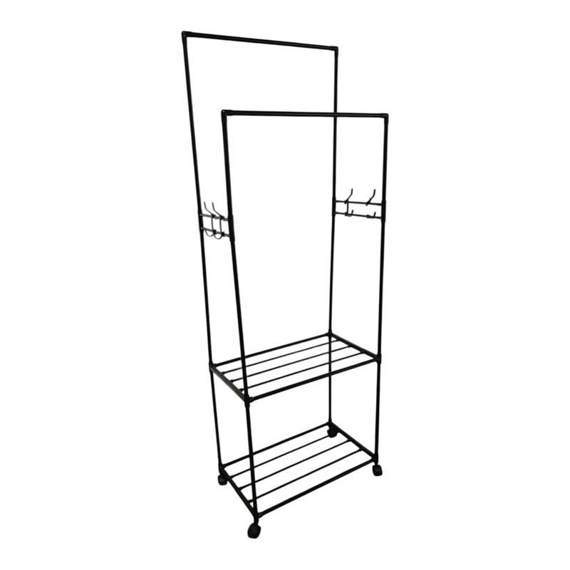 Mueble perchero doble de plástico y metal, con 2 estantes, en caja 2 colores