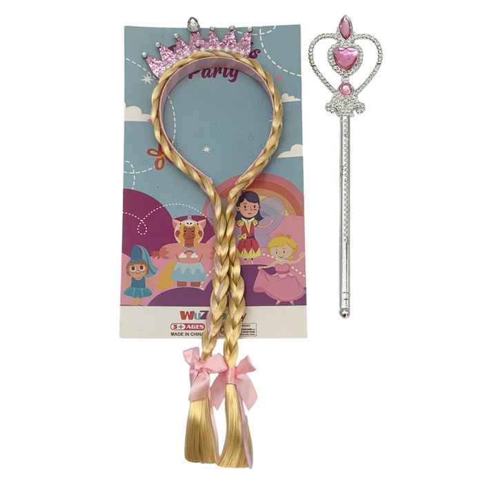 [G3774] Tiara corona con trenza, y varita, en cartón, rosado