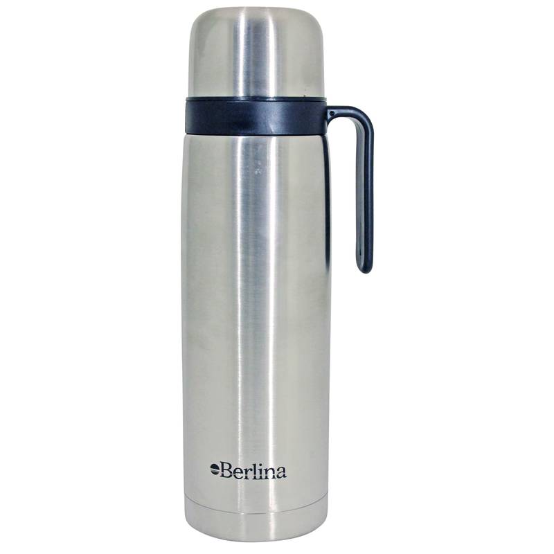 Termo 1L con media asa plateado, pico cebador, base antideslizante, Berlina