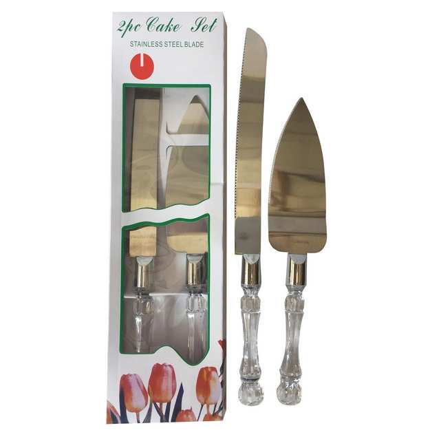 [HA2267] Pala y cuchillo para torta de metal con mango de plástico, en caja