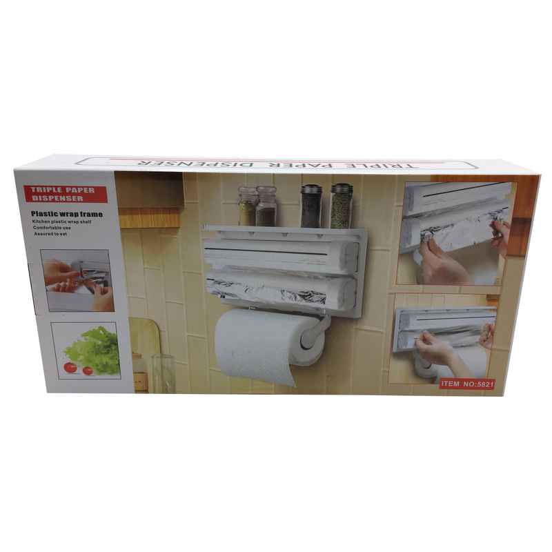 Portarrollo x3, de plástico para amurar, papel film aluminio, en caja