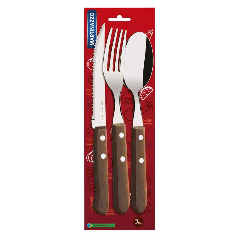 [HA3496] Cubiertos juego x3 acero inox en blister mangos de madera, UNIVERSAL MARTINAZZO