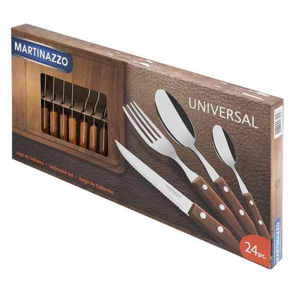 Cubiertos juego x24 acero inox en caja mango de madera, UNIVERSAL MARTINAZZO