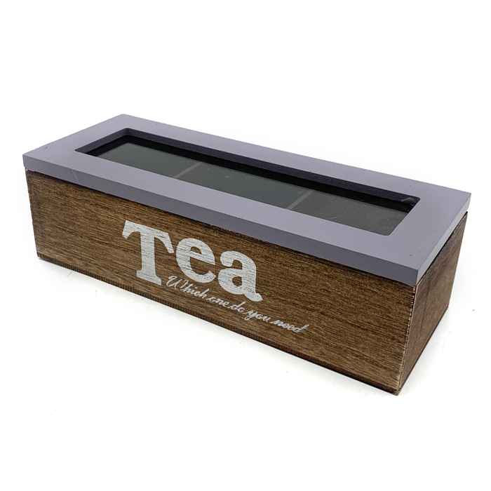 [HA3704] Caja para té de madera y vidrio, 3 reparticiones, con diseño
